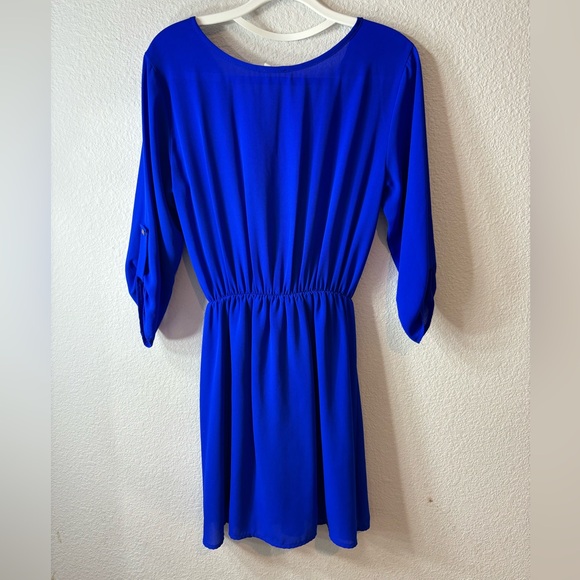 TOVIA Royal Blue Mini Wrap Dress with V-Neck and 3/4 Sleeves 100% polyester M - Picture 2 of 7